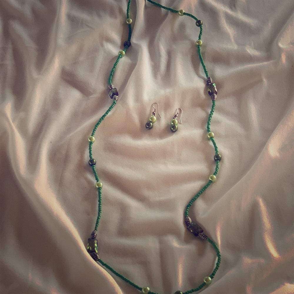 Long glass beaded necklace/earring set